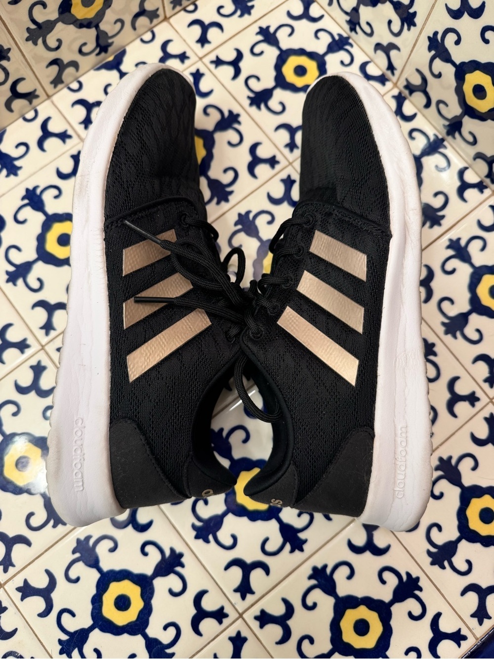 adidas Black Sneakers with Rose Gold Metallic Three Stripes CloudForm